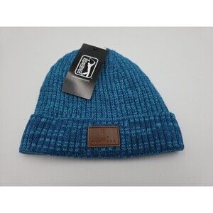 New PGA Tour Golf Knit Beanie Toboggan Winter Hat Cap Blue w/ Leather Logo